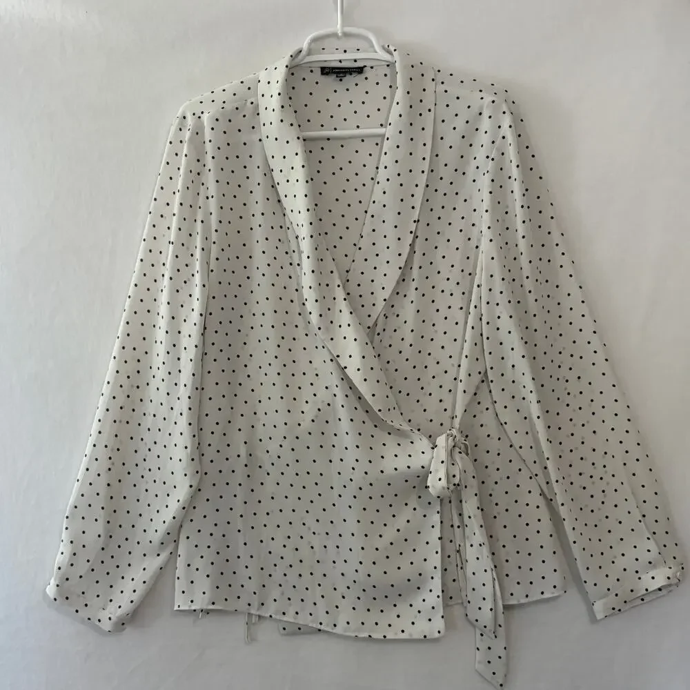Adrianna Papell Wrap Blouse Womens XL White Black Polka Dots V-Neck Long Sleeve - Picture 2 of 7